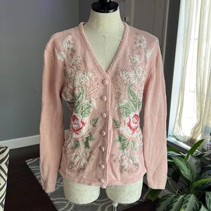 Susan Bristol Vintage Pink Embroidered Sweater Cardigan